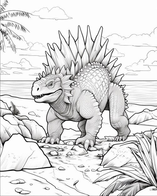 a coloring page of a dinosaur walking on a beach generative ai