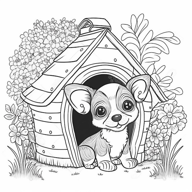 A coloring page of a dog in a doghouse with flowers generative ai