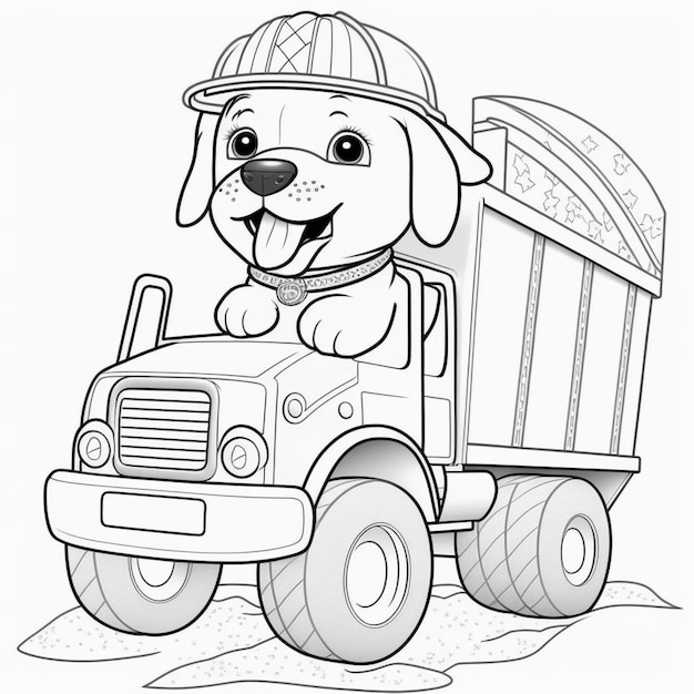 a coloring page of a dog driving a dump truck generative ai