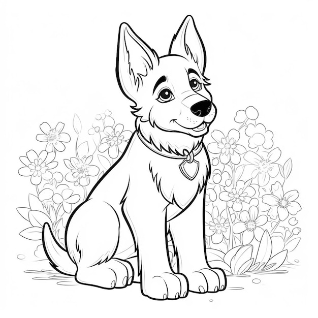 a coloring page of a dog sitting in a field of flowers generative ai