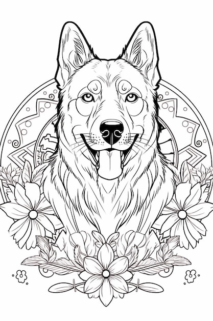 a coloring page of a dog with flowers and a medallion generative ai