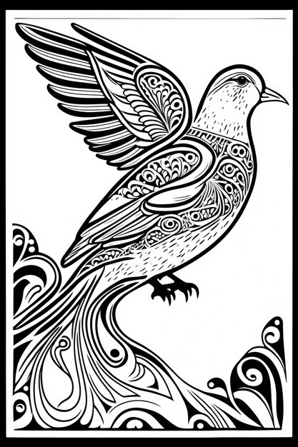 Photo coloring page dove think lines tribal style no shadow