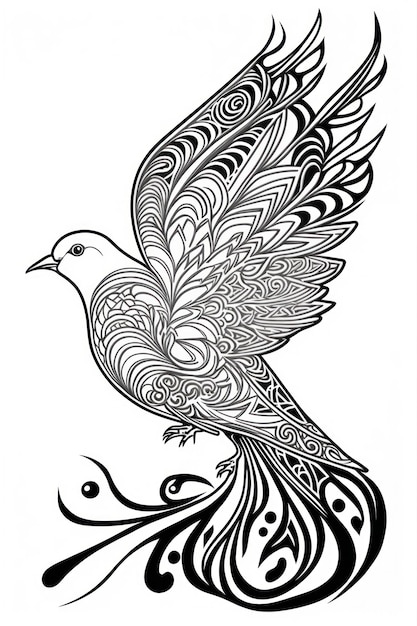 Coloring page dove think lines tribal style no shadow