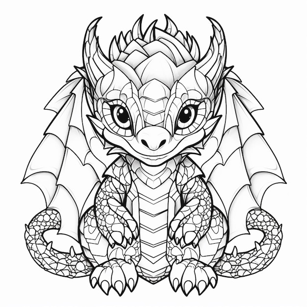 Photo a coloring page of a dragon with a dragon head and wings generative ai