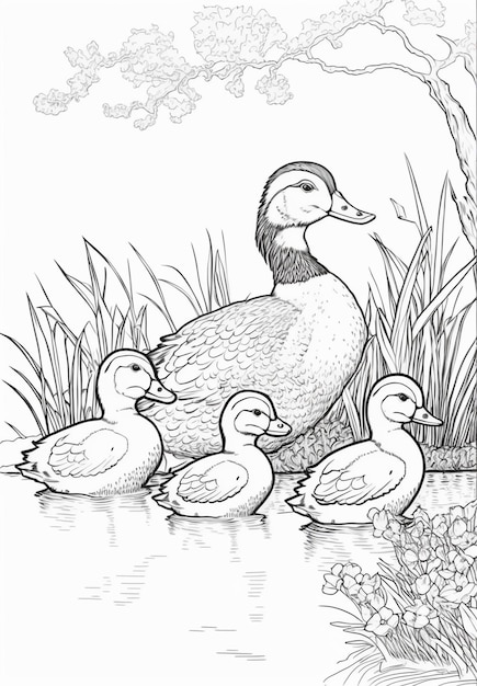 a coloring page of a duck family in the water generative ai
