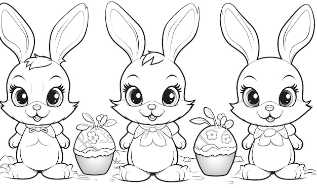 Coloring page of Easter bannies black white illustration on white background