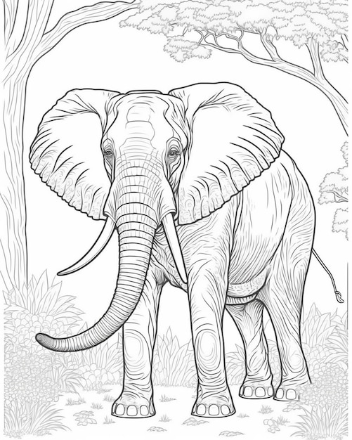 a coloring page of an elephant standing in the jungle generative ai