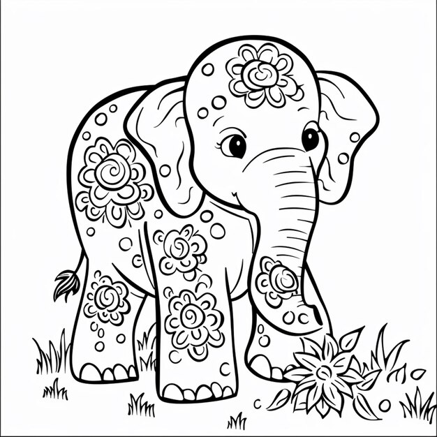 Photo a coloring page of an elephant with flowers and leaves generative ai