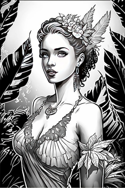 Photo coloring page exotic women grayscale