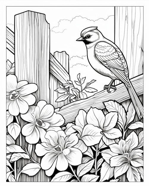 Coloring Page Features Bird and Flowers