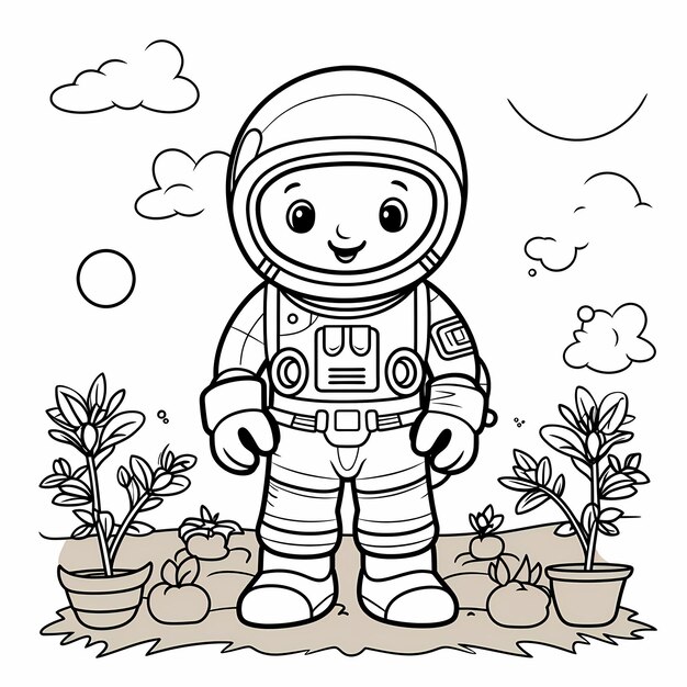Foto pagina da colorare con un affascinante cartone animato astronauta giardino di verdure abbondante