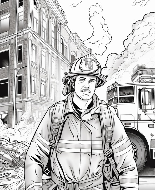 coloring page of a fireman in front of a fire truck generative ai