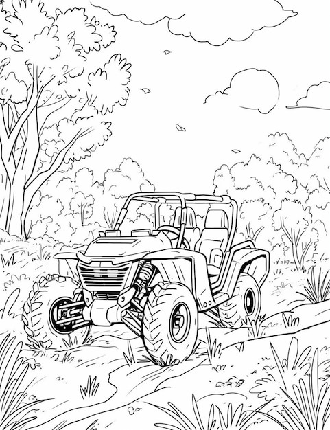 a coloring page of a four wheeler atv in the woods generative ai