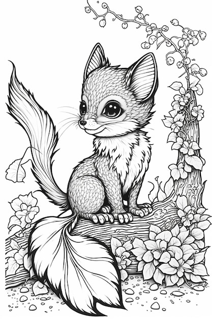 A coloring page of foxy cat sitting on tree branch generative ai