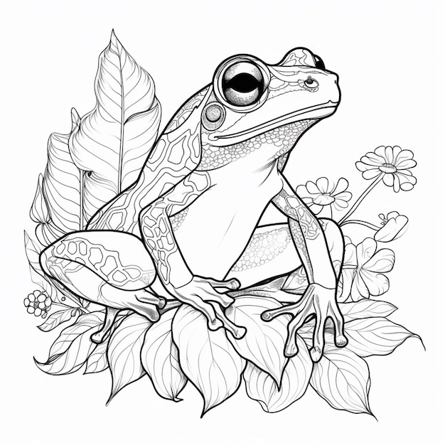 a coloring page of a frog with a flower and leaves generative ai