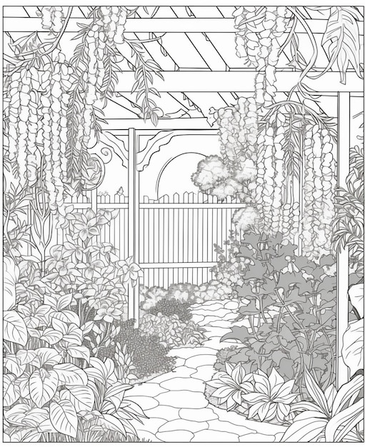 A coloring page of a garden with a large garden in the background.