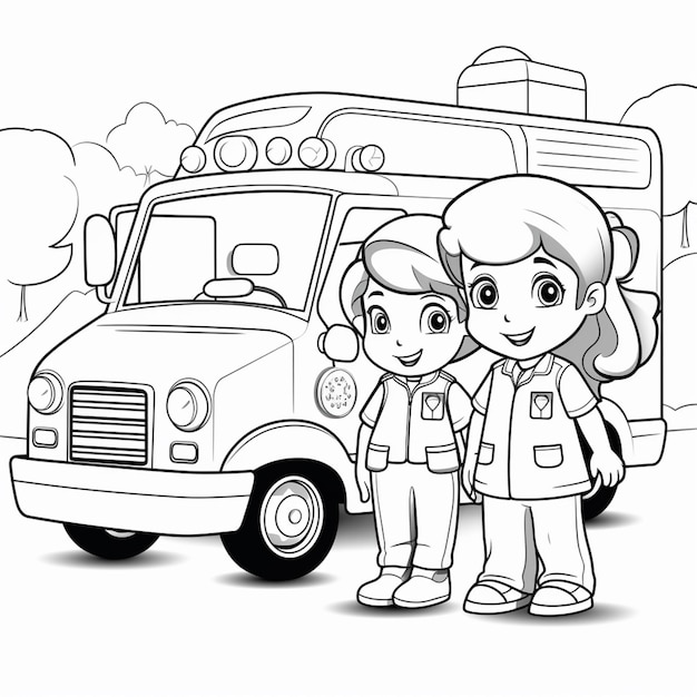 Photo a coloring page of a girl and boy standing in front of a ambulance generative ai