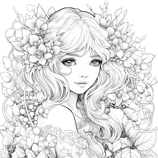 Coloring Page Girl Curly Hair with floral Illustrations for child and adult