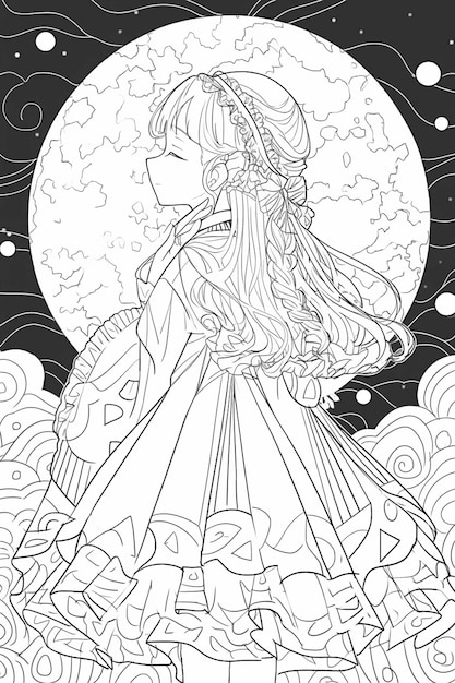 A coloring page of a girl in a dress standing in the clouds generative ai