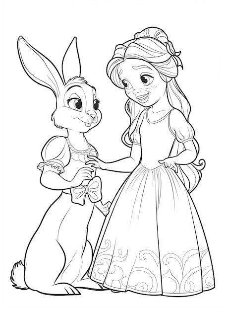 a coloring page of a girl and a rabbit generative ai