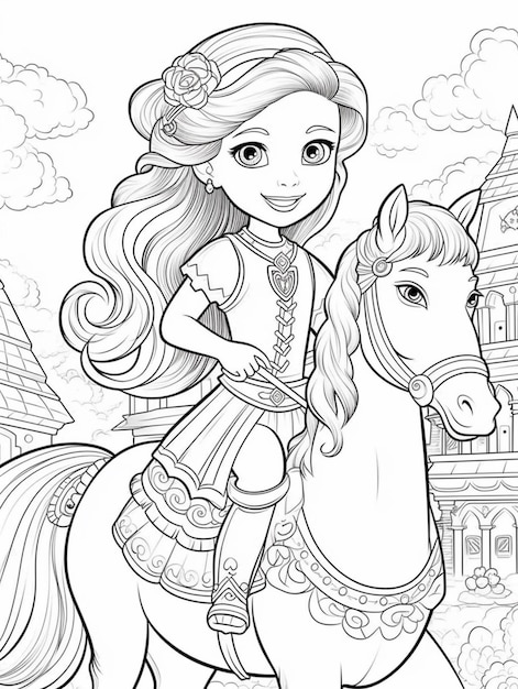 Foto una pagina da colorare di una ragazza che cavalca un cavallo davanti a un castello generativo ai