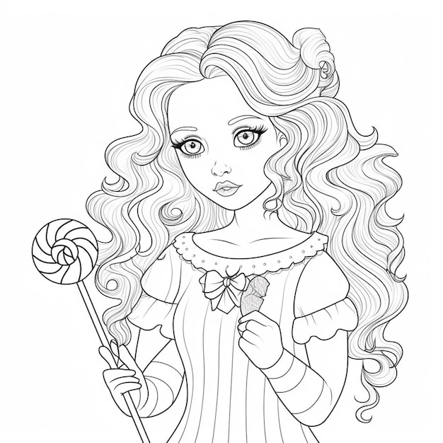 a coloring page of a girl with long hair holding a candy cane generative ai