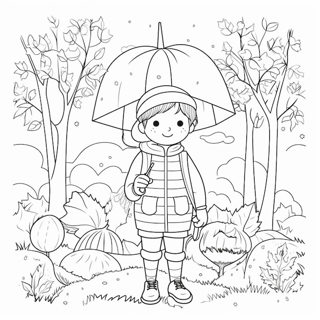 Photo a coloring page of a girl with an umbrella in the woods generative ai