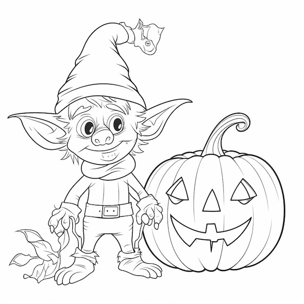 Photo a coloring page of a gnome with a pumpkin and a hat generative ai