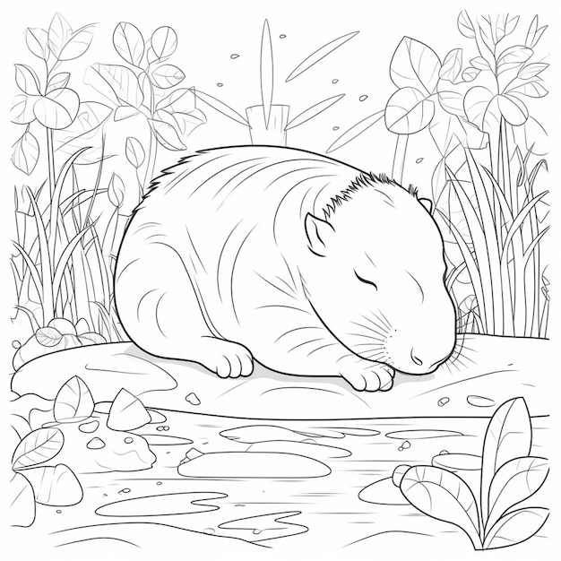 A coloring page of a guinea sleeping on a log in the water generative ai