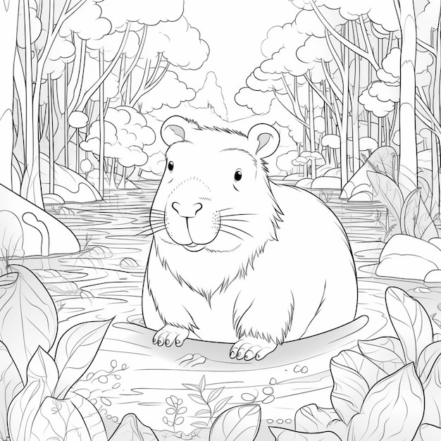 A coloring page of a hamster in a forest with trees and water generative ai