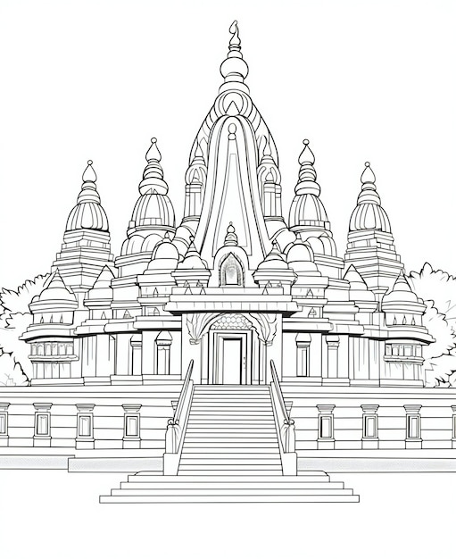 Coloring Page of a Hindu Temple Black and White Color