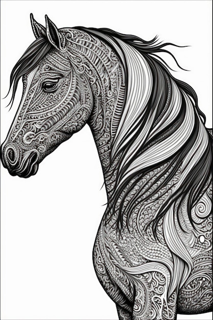 Coloring page horse think lines tribal style no shadow