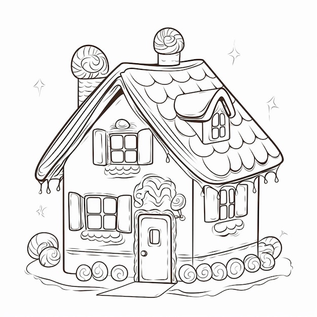 a coloring page of a house with a gingerbread roof generative ai
