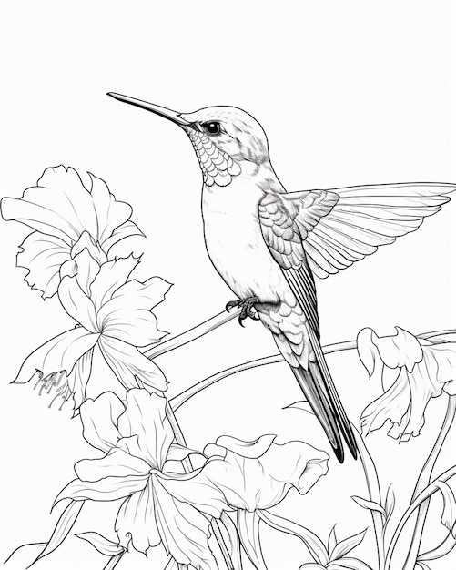 Photo a coloring page of a hummingbird sitting on a branch with flowers generative ai