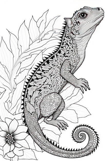 Coloring page iguana think lines tribal style no shadow
