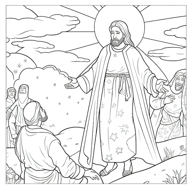 A coloring page of jesus being helped by a man.