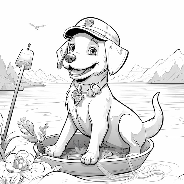 coloring page for kids adult labrador retriever fishing cartoon style