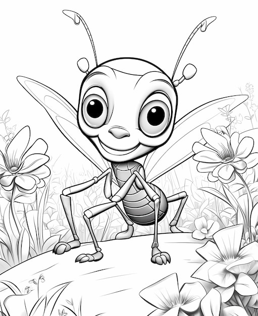 Photo coloring page for kids ant in a garden a pixar style thick lines