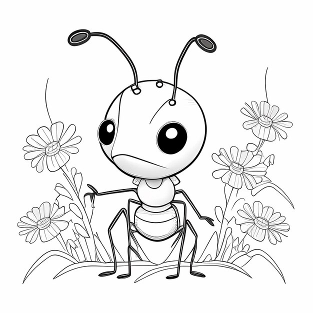 Photo coloring page for kids of an ant with thick lines low detail no shading