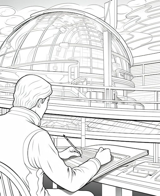 Coloring page for kids architect working on his project