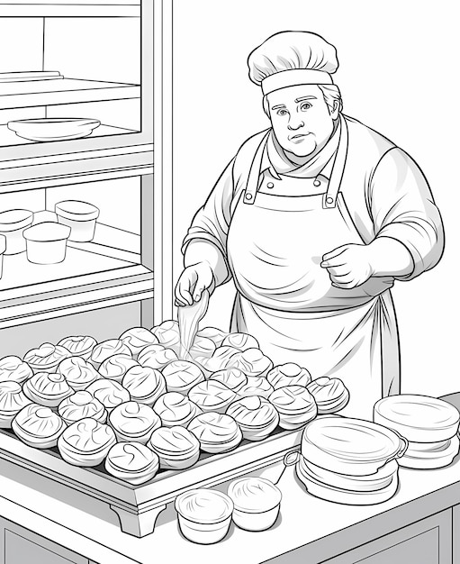 Photo coloring page for kids a baker making cookies cakes