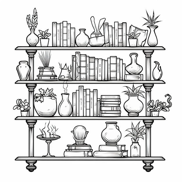 Photo coloring page for kids bookshelf full of things