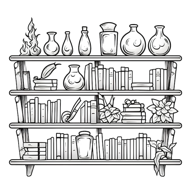 Photo coloring page for kids bookshelf full of things