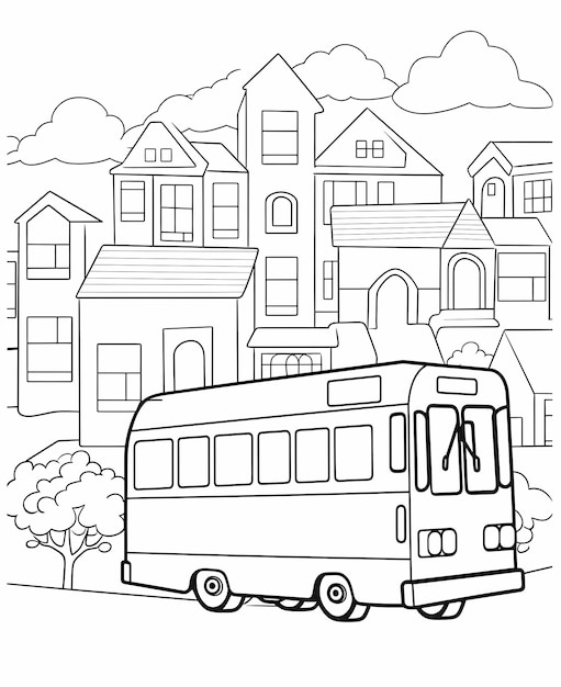 Foto pagina da colorare per bambini autobus semplice linea bianca e nera arte linea spessa bianca e nera