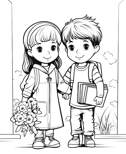 Coloring page for kids cheerful girl and boy with gifts