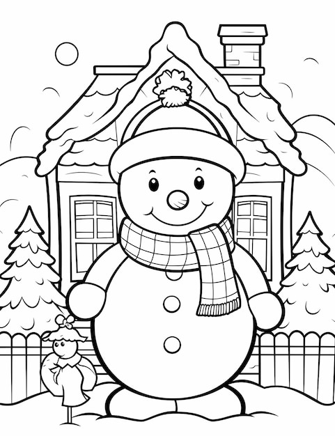 Coloring page for kids on a Christmas Snowman And House