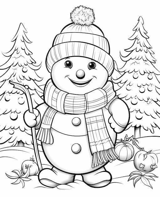 Photo coloring page for kids on a christmas snowman