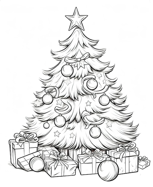 Coloring page for kids christmas tree full of gifts