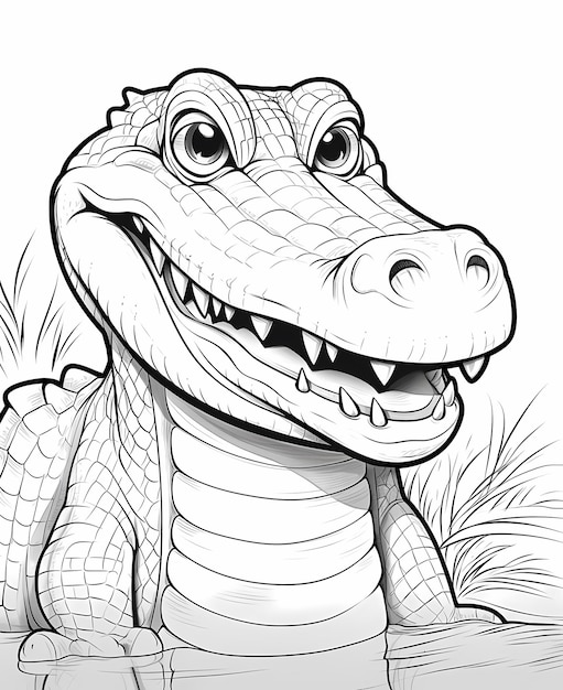 Photo coloring page for kids crocodile cartoon style thick line low detailm no shading