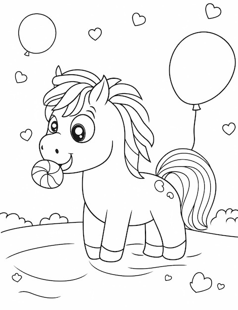 子供のためのカラフルページ 可愛い漫画の赤ちゃんの馬がキャンディーを食べている 背景の白い輪郭のハートと風船